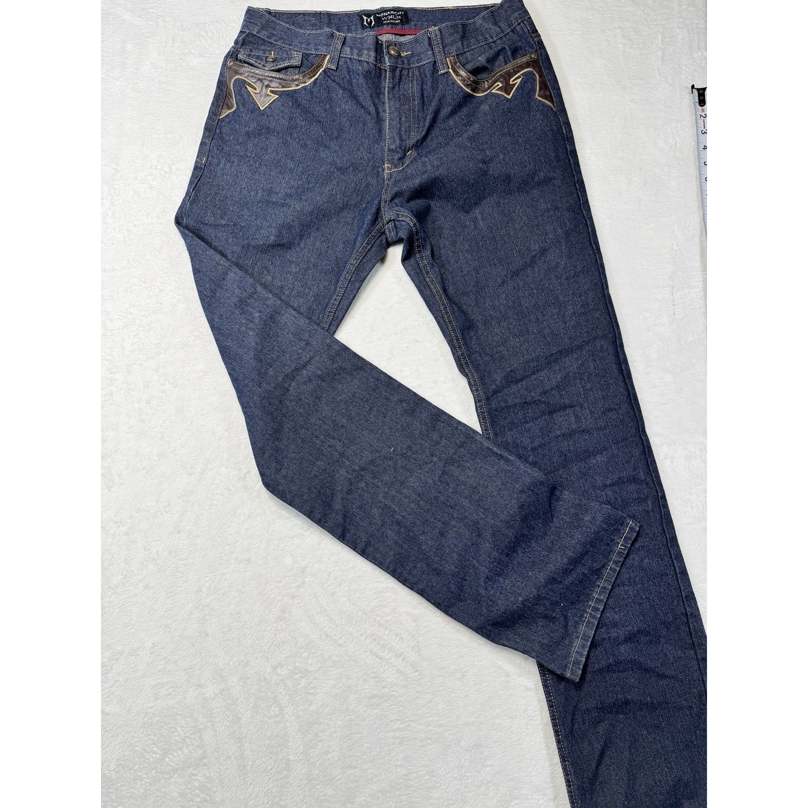Monarchy Premium Denim W/ Leather Pocket Accents Dark Wash Mens 34x35